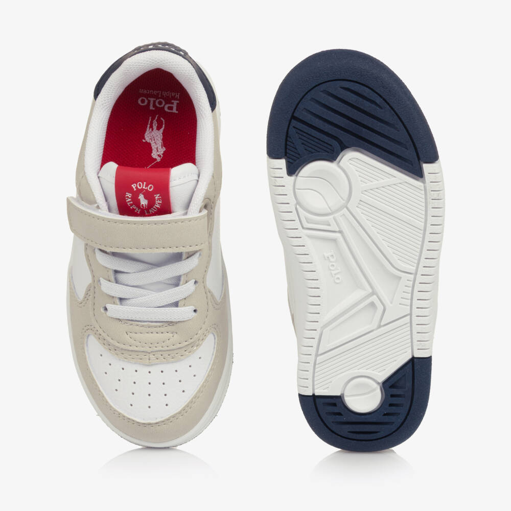 Ralph Lauren-Boys White & Beige Faux Leather Velcro Trainers | Childrensalon