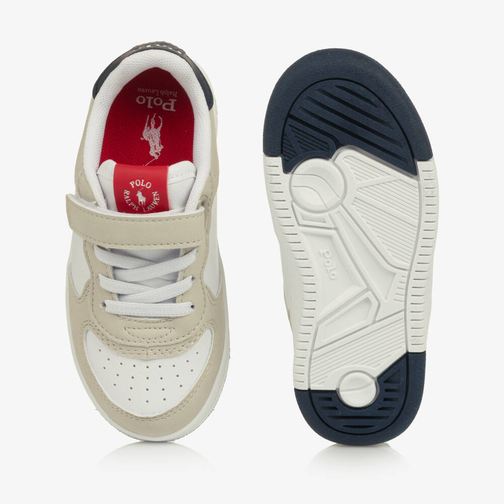Ralph Lauren-Boys White & Beige Faux Leather Velcro Trainers | Childrensalon
