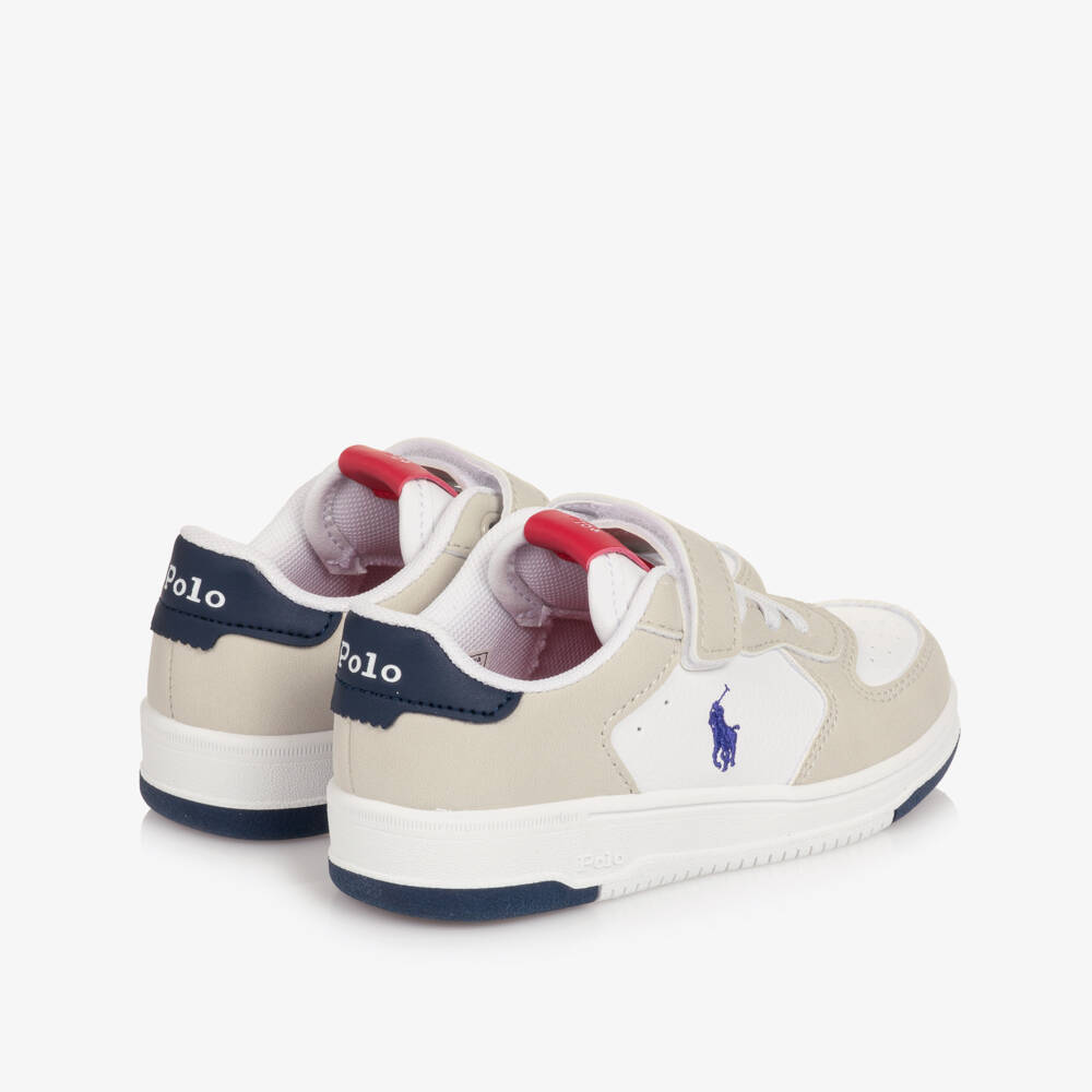 Ralph Lauren-Boys White & Beige Faux Leather Velcro Trainers | Childrensalon
