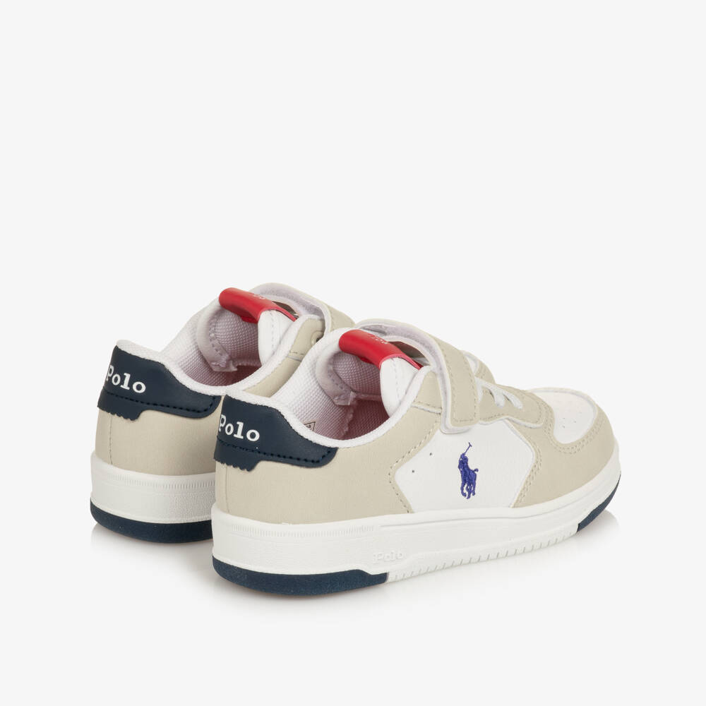 Ralph Lauren-Boys White & Beige Faux Leather Velcro Trainers | Childrensalon