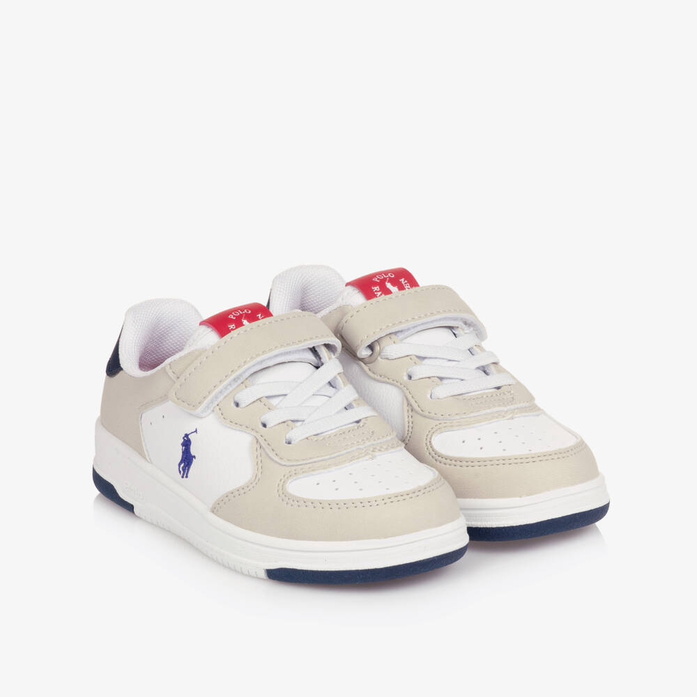 Ralph Lauren-Boys White & Beige Faux Leather Velcro Trainers | Childrensalon