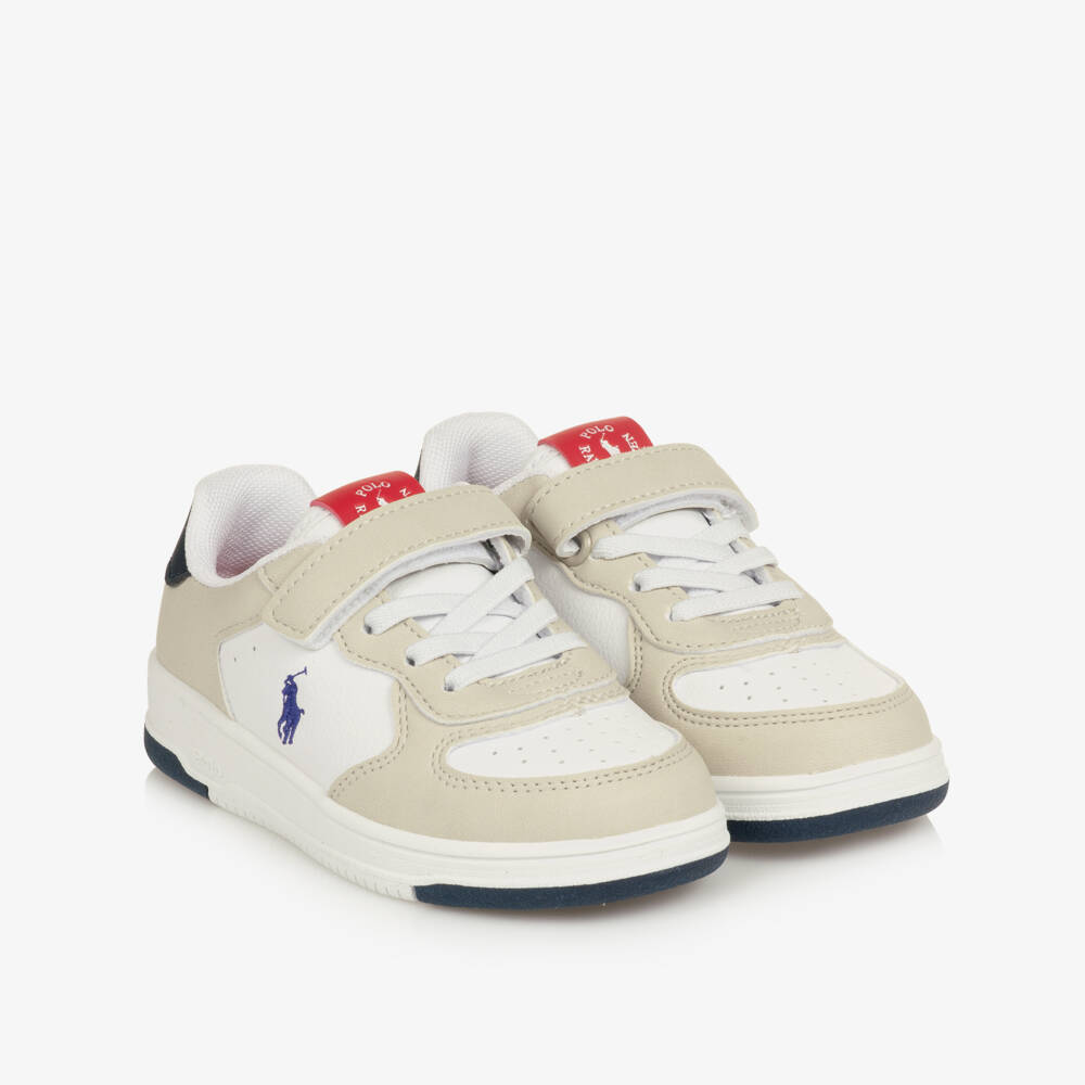 Ralph Lauren-Boys White & Beige Faux Leather Velcro Trainers | Childrensalon