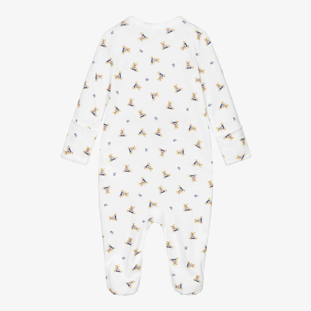 Ralph Lauren-Boys White & Blue Cotton Polo Bear Babygrow | Childrensalon