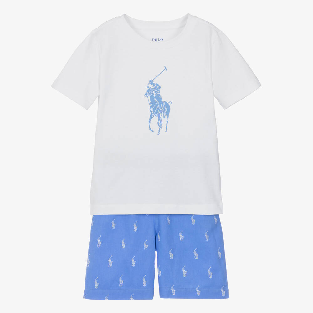 Ralph Lauren-Boys White & Blue Cotton Short Pyjamas with Big Pony Logo | Childrensalon