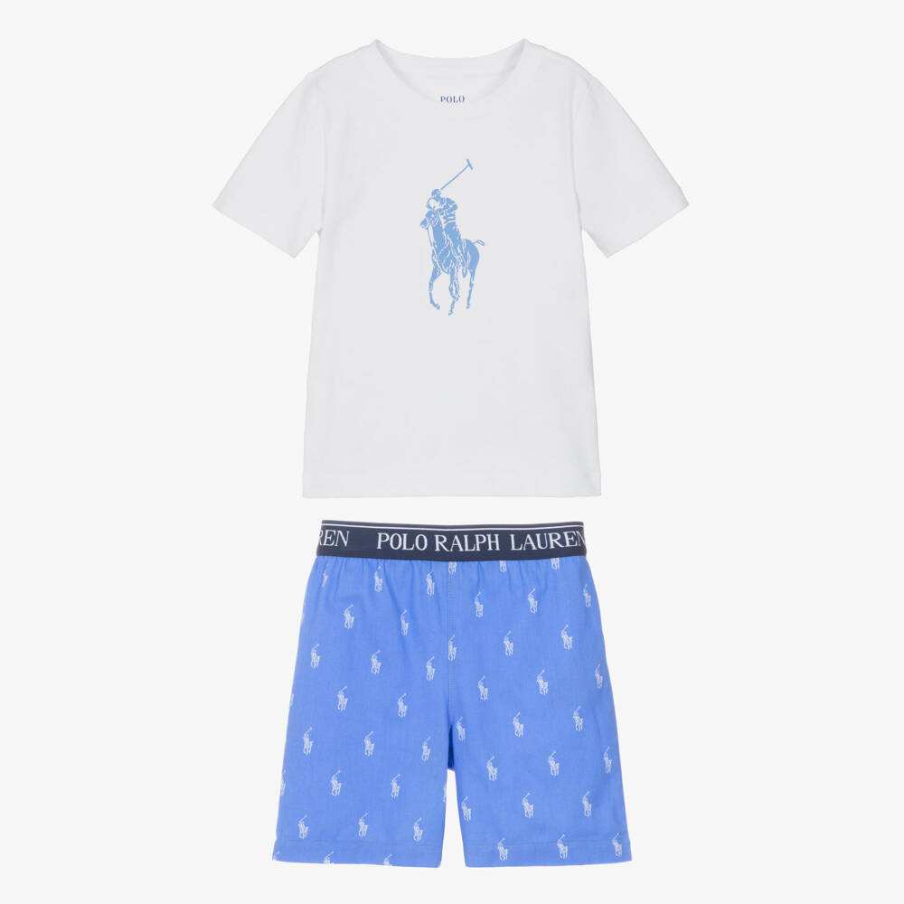 Ralph Lauren-Boys White & Blue Cotton Short Pyjamas with Big Pony Logo | Childrensalon