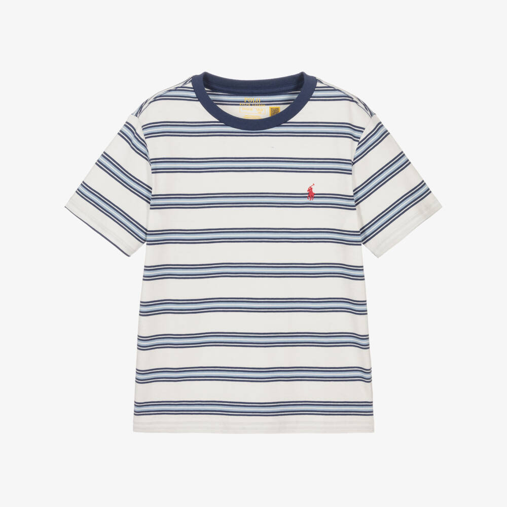 Ralph Lauren-Boys White & Blue Stripe Cotton T-Shirt with Pony Logo | Childrensalon