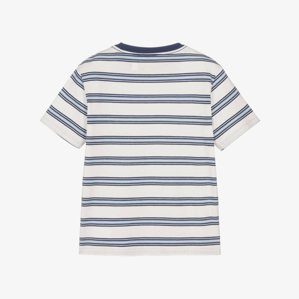 Ralph Lauren-Boys White & Blue Stripe Cotton T-Shirt with Pony Logo | Childrensalon