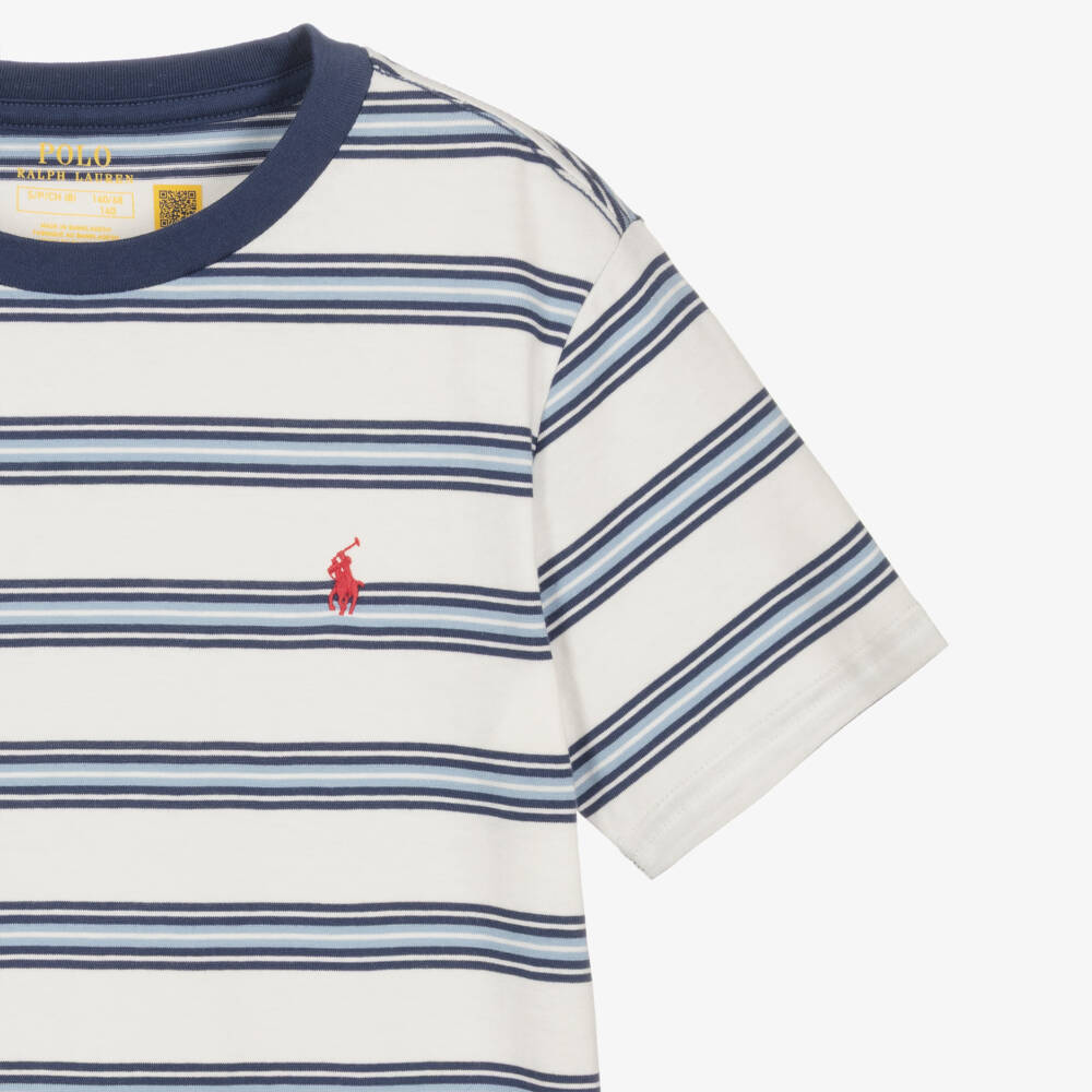 Ralph Lauren-Boys White & Blue Stripe Cotton T-Shirt with Pony Logo | Childrensalon