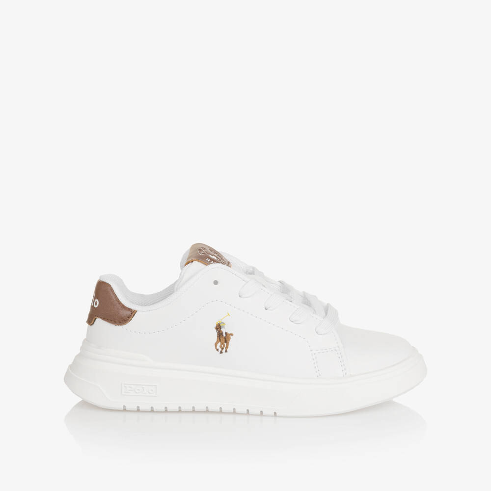 Ralph Lauren-Boys White & Brown Faux Leather Lace-Up Trainers | Childrensalon