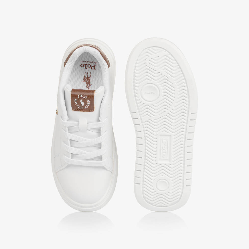 Ralph Lauren-Boys White & Brown Faux Leather Lace-Up Trainers | Childrensalon