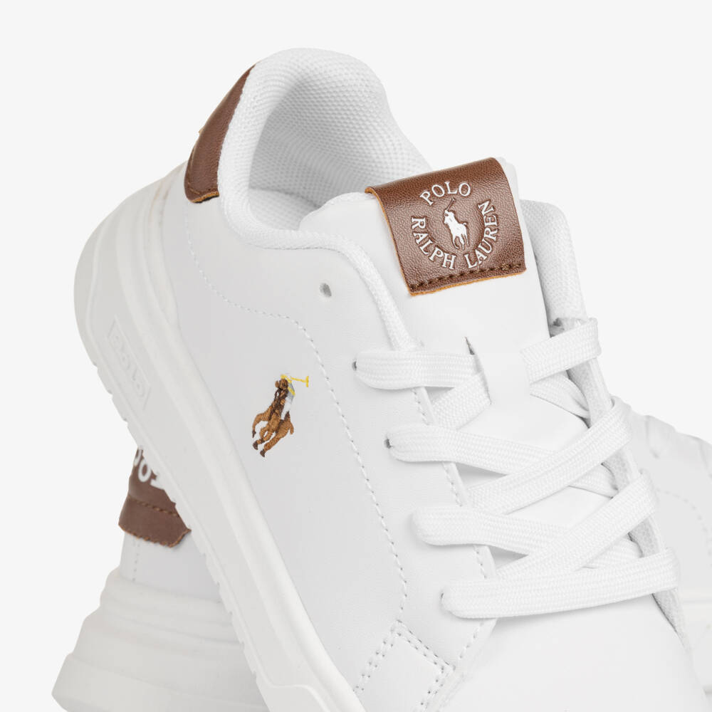 Ralph Lauren-Boys White & Brown Faux Leather Lace-Up Trainers | Childrensalon