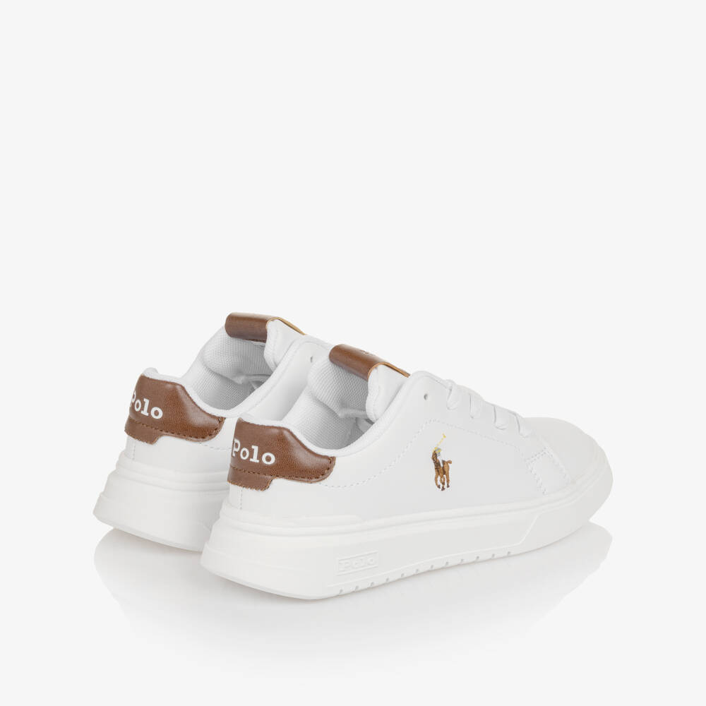 Ralph Lauren-Boys White & Brown Faux Leather Lace-Up Trainers | Childrensalon