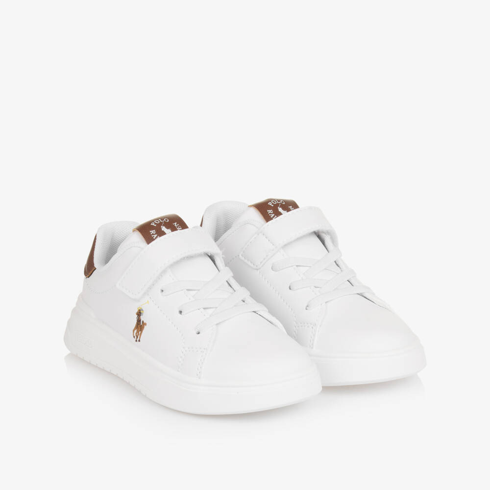 Ralph Lauren-Boys White & Brown Faux Leather Velcro Trainers | Childrensalon