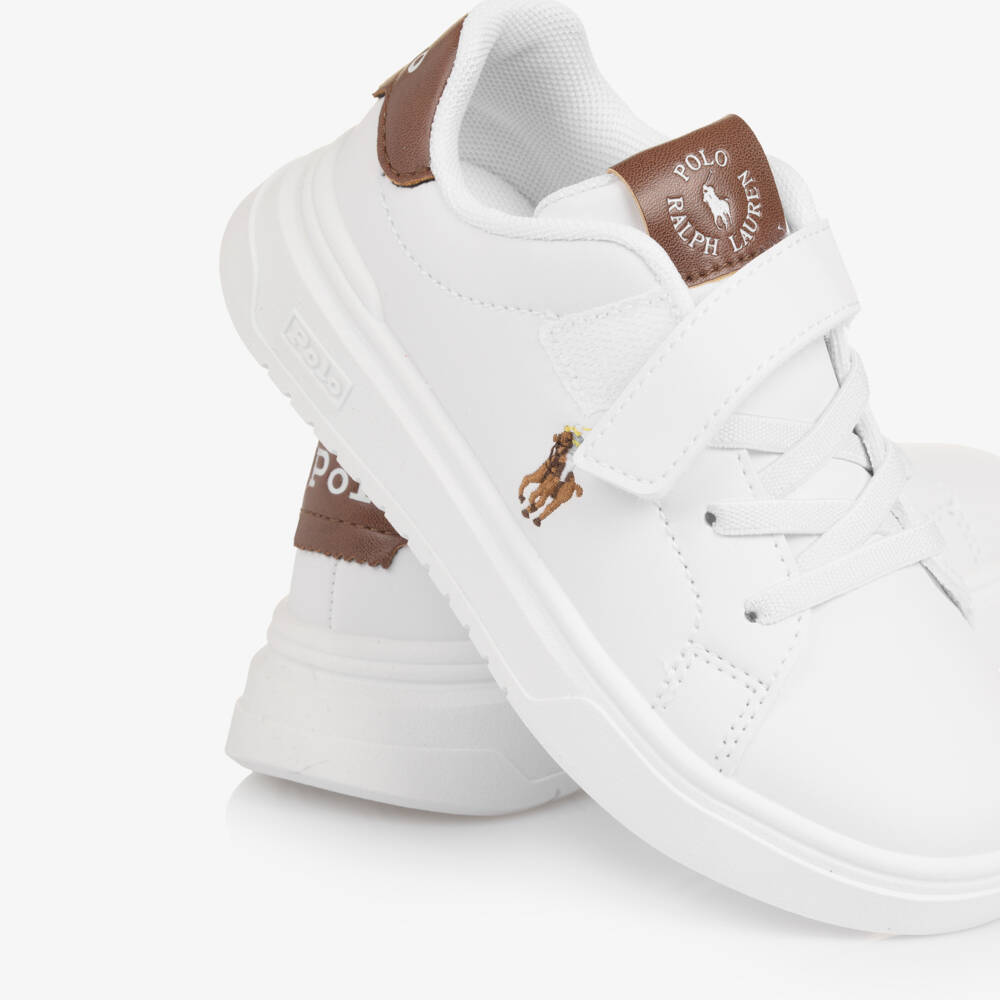 Ralph Lauren-Boys White & Brown Faux Leather Velcro Trainers | Childrensalon