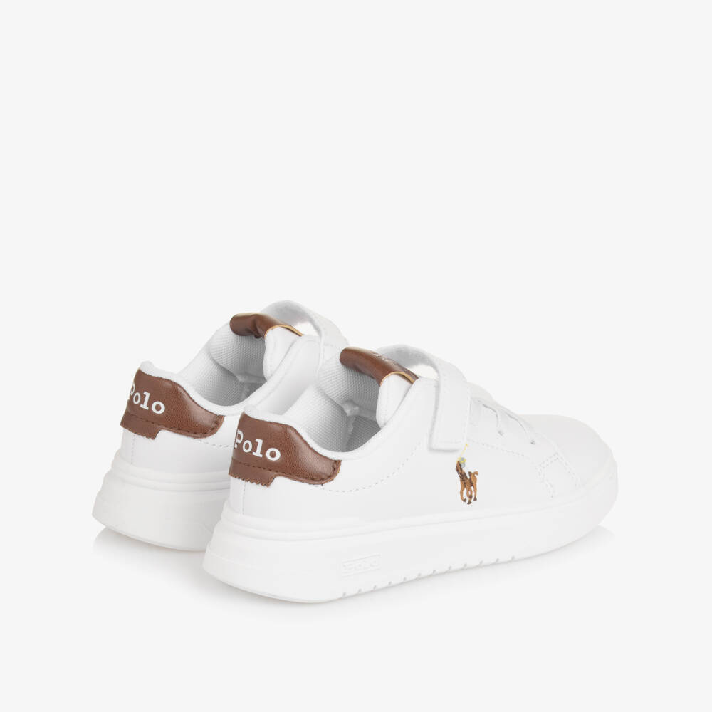 Ralph Lauren-Boys White & Brown Faux Leather Velcro Trainers | Childrensalon