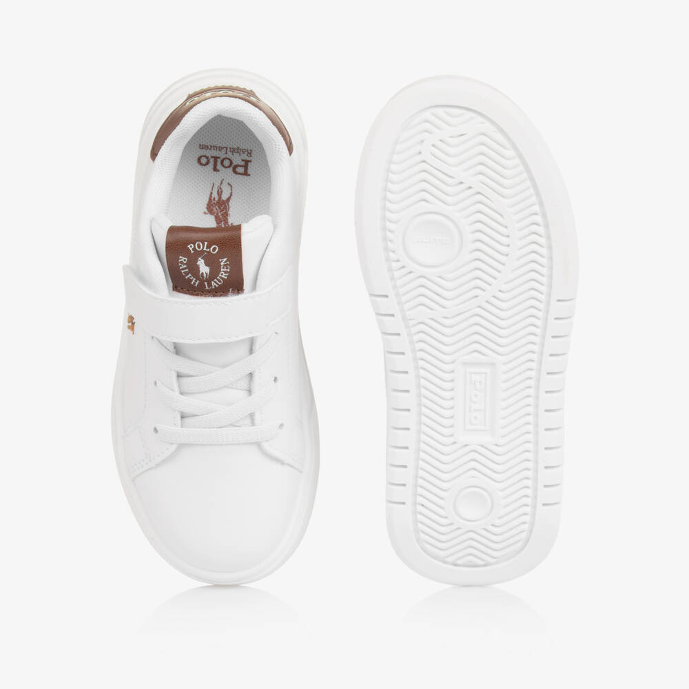 Ralph Lauren-Boys White & Brown Faux Leather Velcro Trainers | Childrensalon