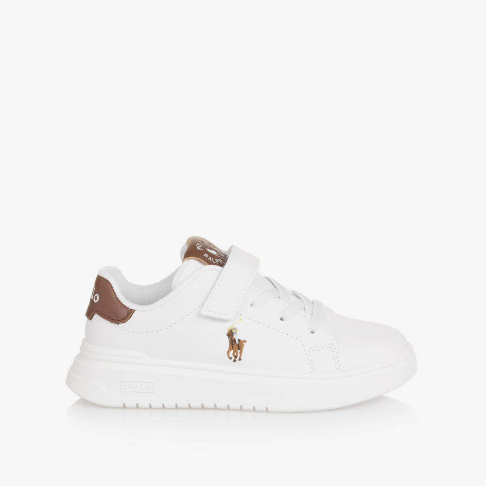 Ralph Lauren-Boys White & Brown Faux Leather Velcro Trainers | Childrensalon