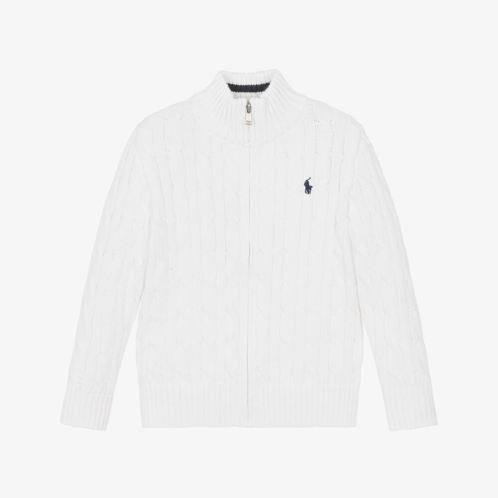 Ralph Lauren-Boys White Cable Knit Cotton Quarter-Zip Sweater | Childrensalon