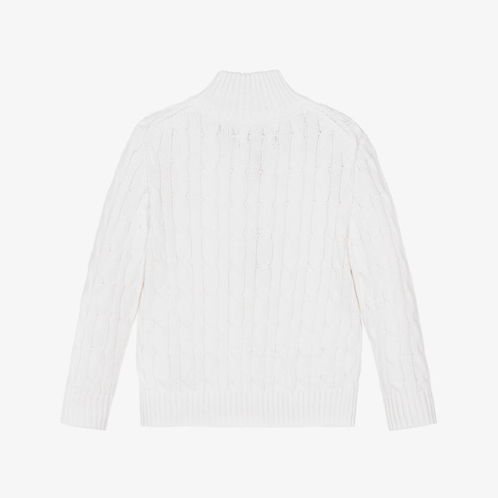 Ralph Lauren-Boys White Cable Knit Cotton Quarter-Zip Sweater | Childrensalon
