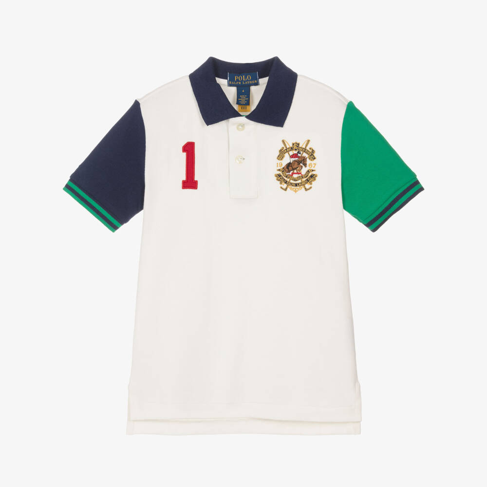 Ralph Lauren-Boys White Colourblock Piqué Crest Logo Polo Shirt | Childrensalon