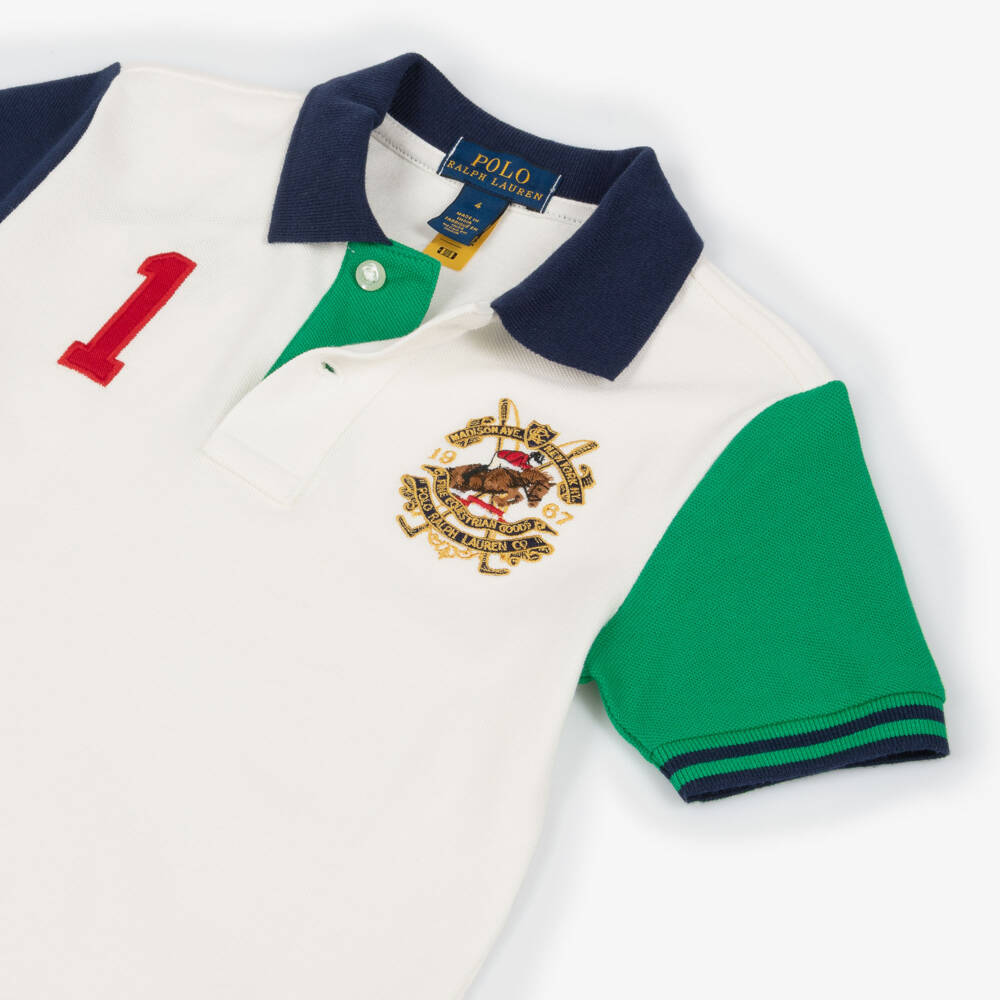 Ralph Lauren-Boys White Colourblock Piqué Crest Logo Polo Shirt | Childrensalon