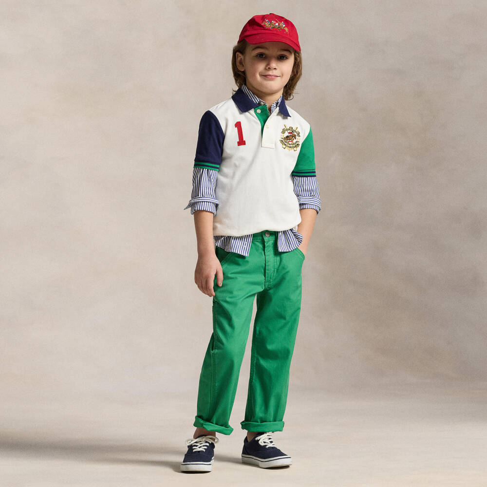 Ralph Lauren-تيشيرت بولو بيكيه بشعار كريست وألوان بلوك لون أبيض للأولاد | Childrensalon