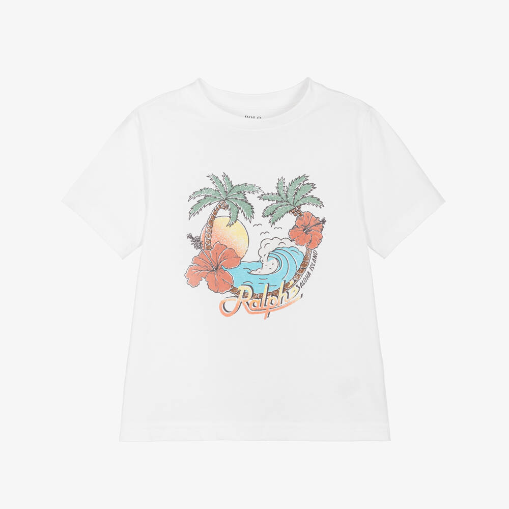 Ralph Lauren-Boys White Cotton Beach Island Graphic T-Shirt | Childrensalon