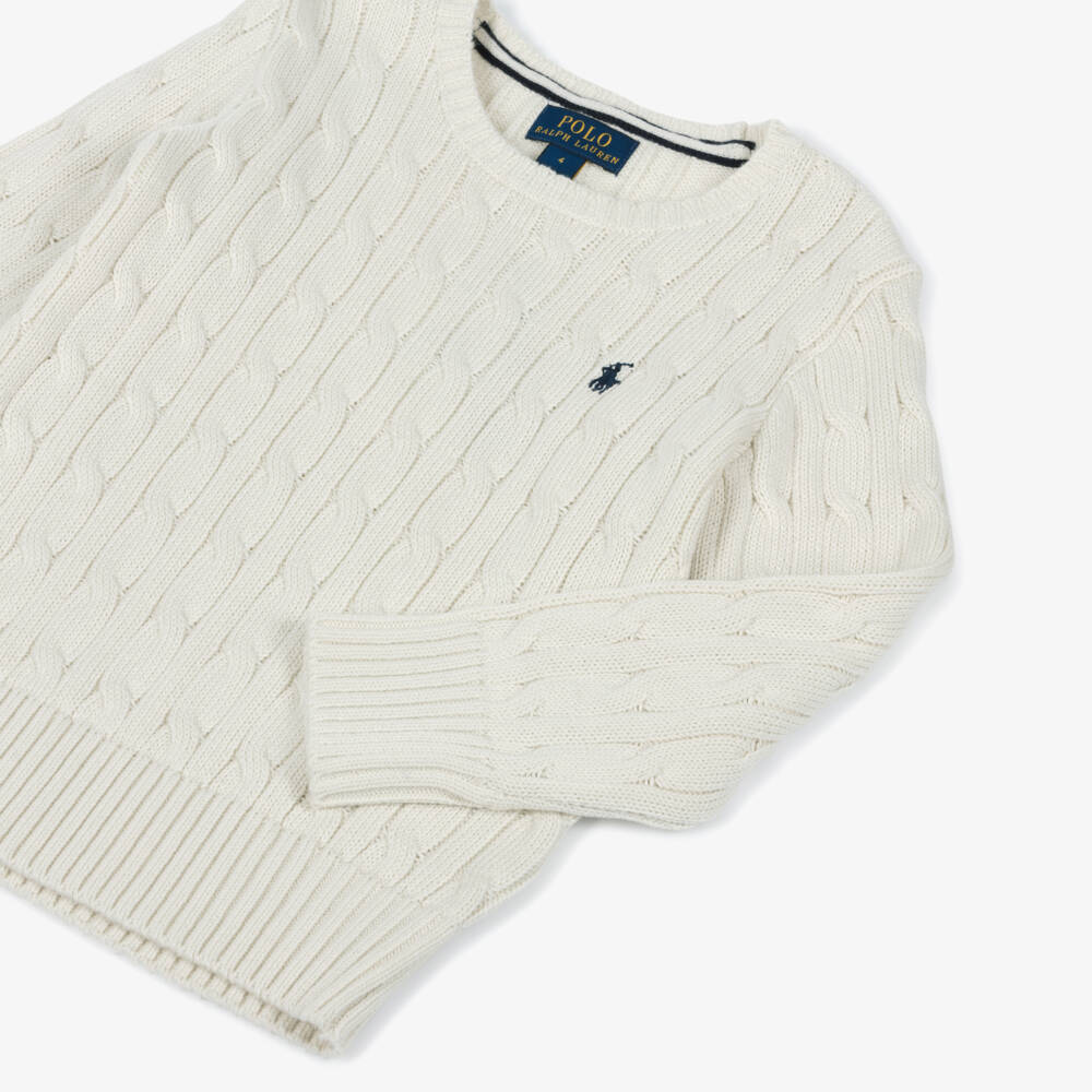 Ralph Lauren-Свитер белый из хлопка с кабельной вязкой для мальчиков | Childrensalon