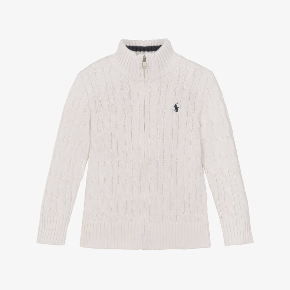 Ralph Lauren-Boys White Cotton Cable Knit Zip-Up Top | Childrensalon