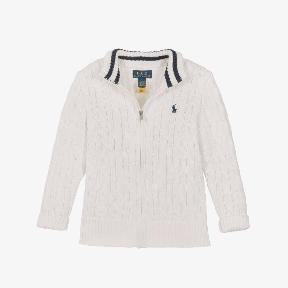 Ralph Lauren-Boys White Cotton Cable Knit Zip-Up Top | Childrensalon
