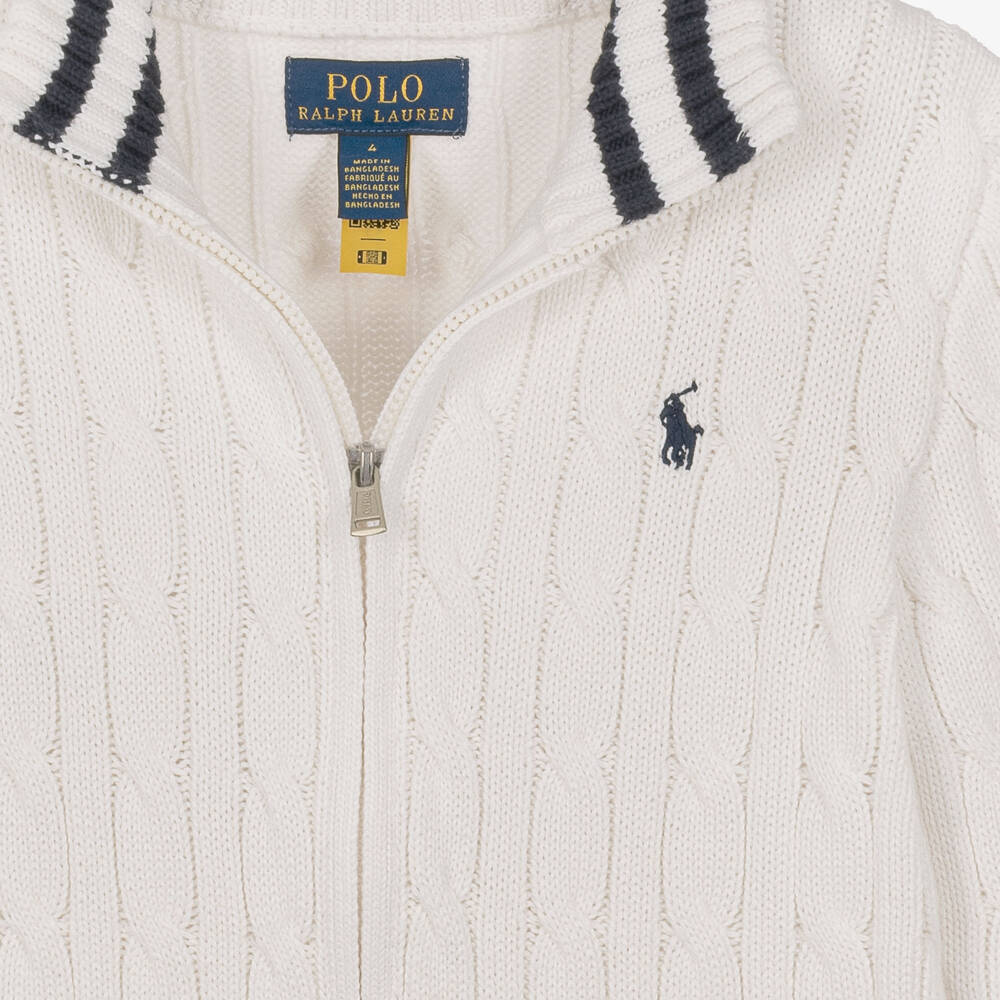 Ralph Lauren-Boys White Cotton Cable Knit Zip-Up Top | Childrensalon