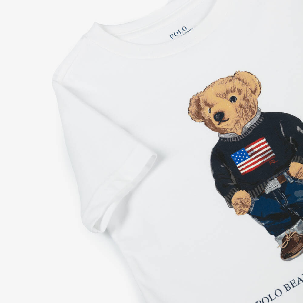 Ralph Lauren-تيشيرت بياقة مستديرة بولو بير قطن لون أبيض للأولاد | Childrensalon
