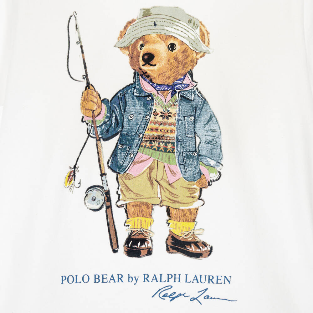 Ralph Lauren-Boys White Cotton Fishing Polo Bear T-Shirt | Childrensalon