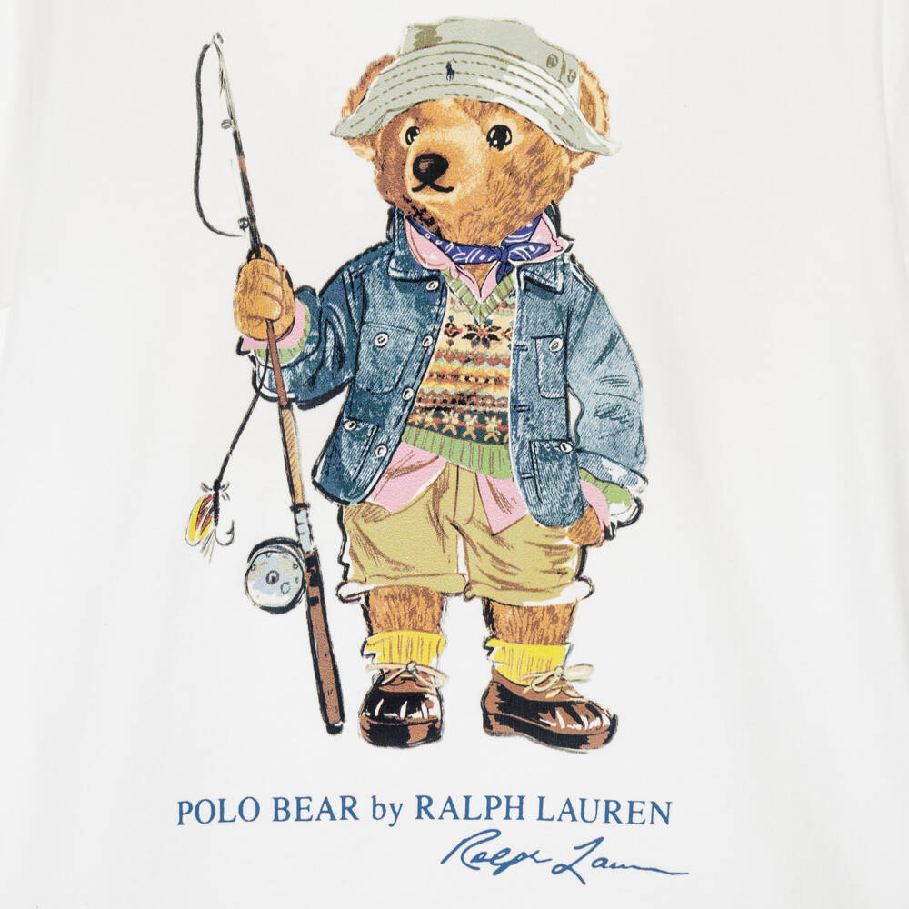 Ralph Lauren-Boys White Cotton Fishing Polo Bear T-Shirt | Childrensalon