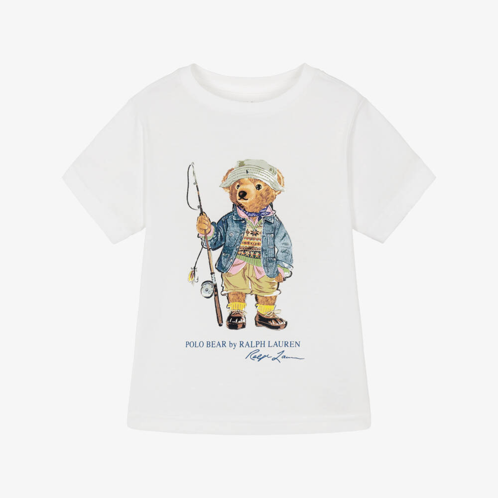Ralph Lauren-Boys White Cotton Fishing Polo Bear T-Shirt | Childrensalon