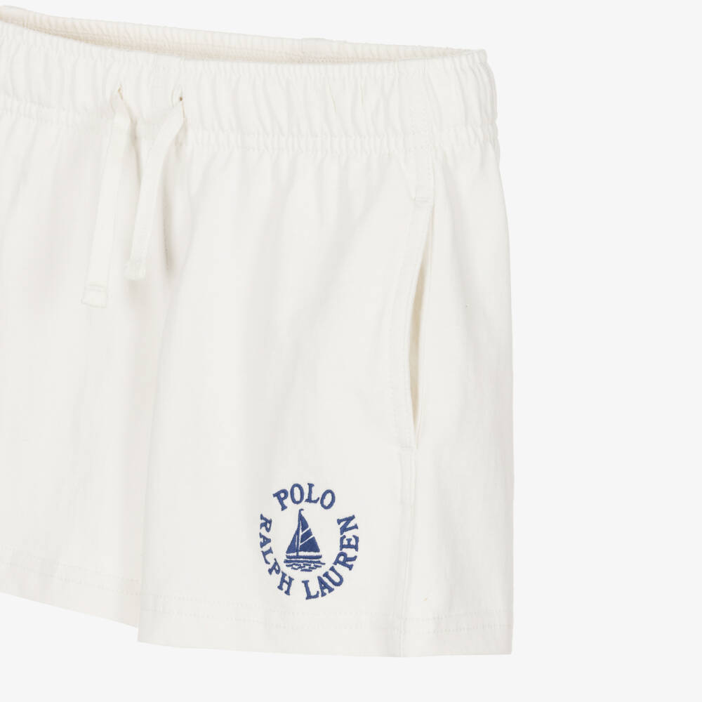 Ralph Lauren-Boys White Cotton Jersey Shorts with Blue Logo Embroidery | Childrensalon