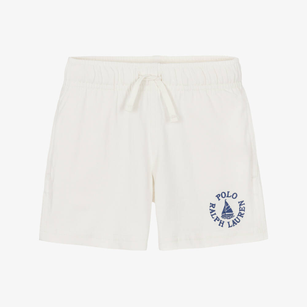 Ralph Lauren-Boys White Cotton Jersey Shorts with Blue Logo Embroidery | Childrensalon