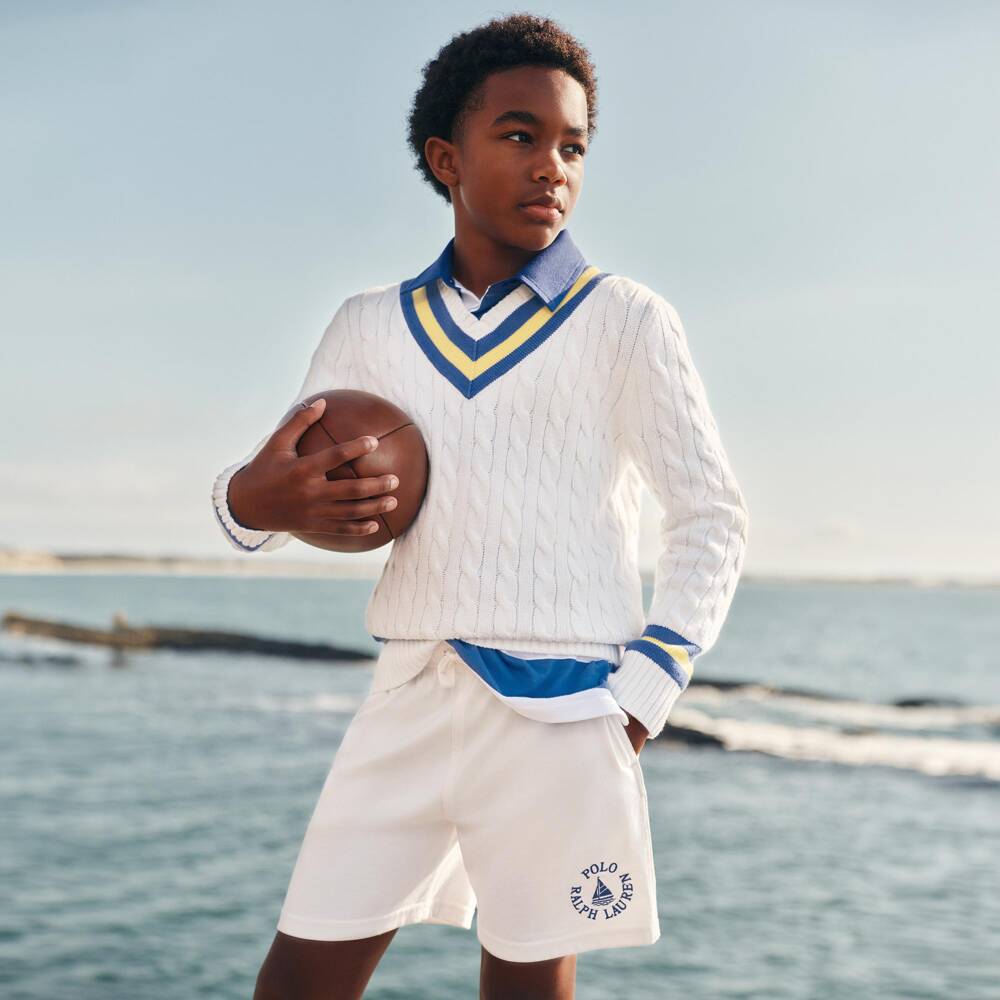 Ralph Lauren-Boys White Cotton Jersey Shorts with Blue Logo Embroidery | Childrensalon