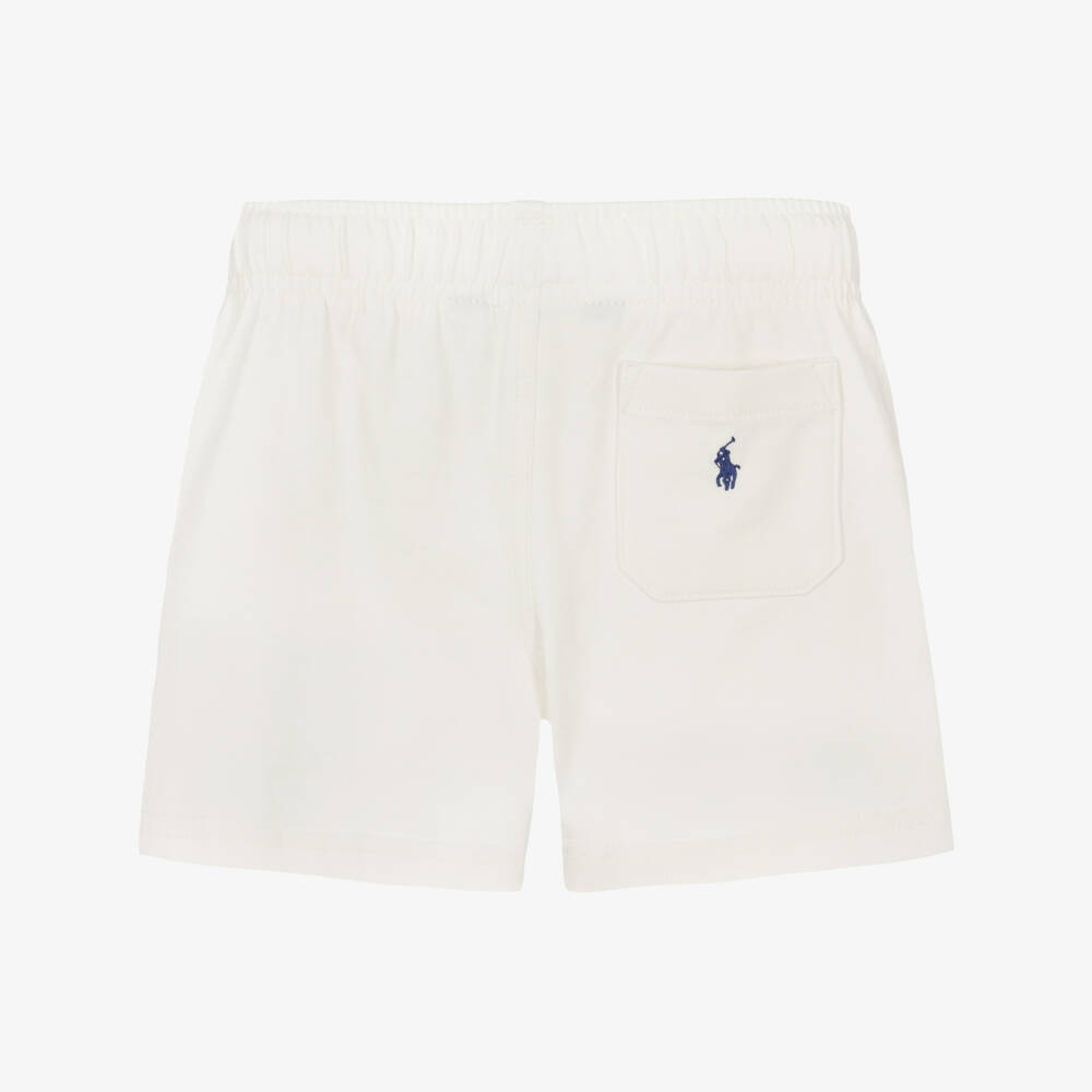 Ralph Lauren-Boys White Cotton Jersey Shorts with Blue Logo Embroidery | Childrensalon
