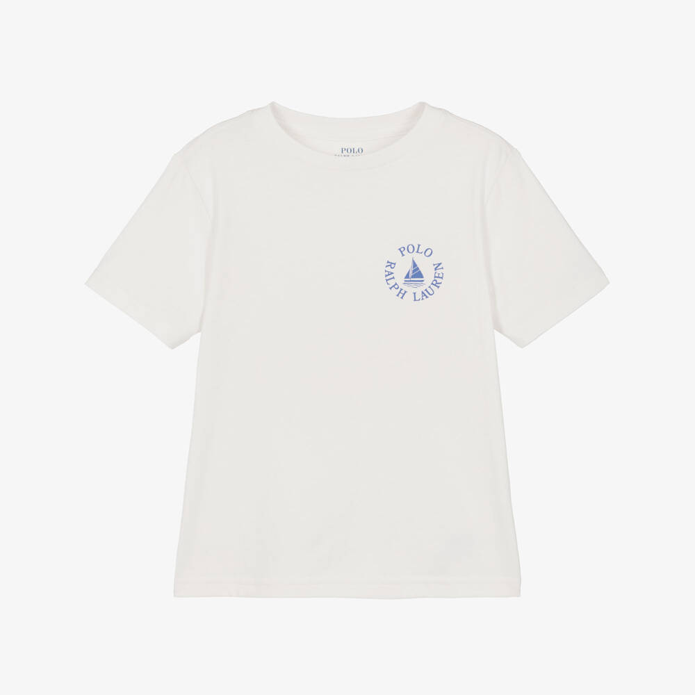 Ralph Lauren-Boys White Cotton Jersey T-Shirt with Blue Boat Logo Print | Childrensalon