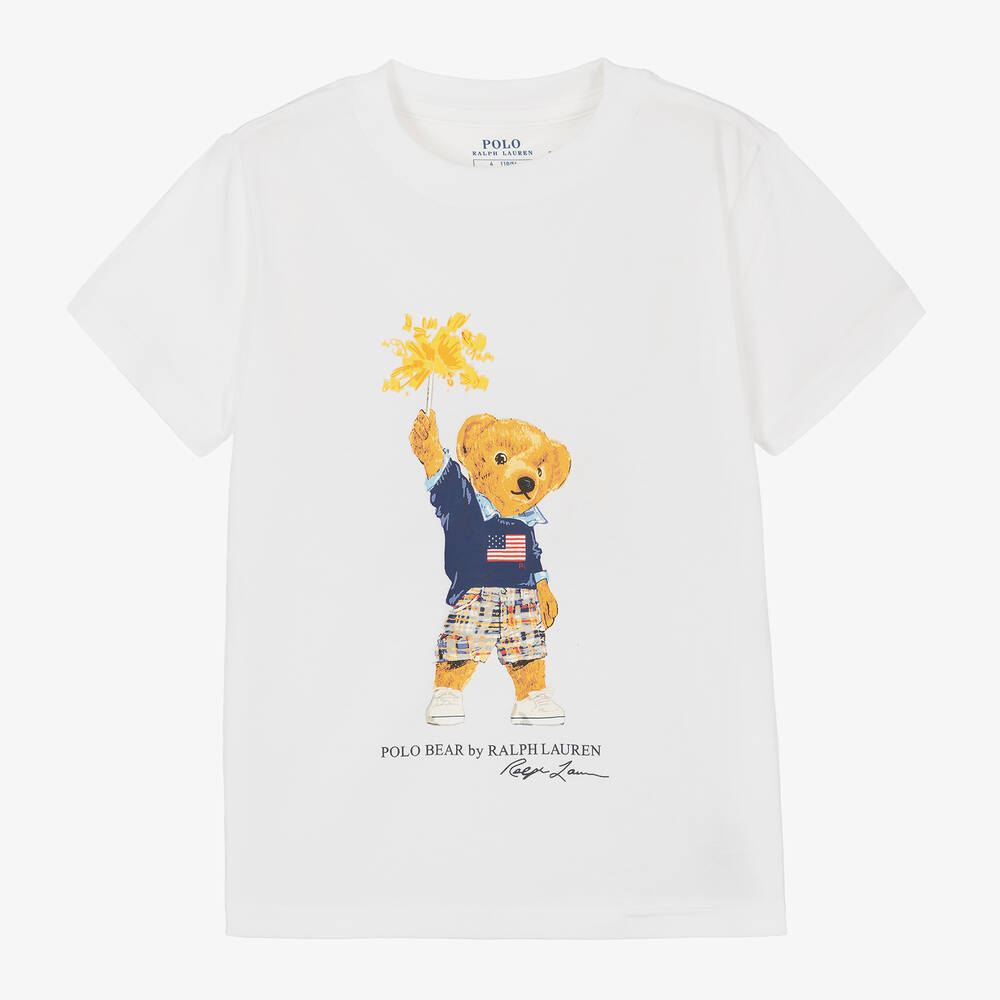 Ralph Lauren-Boys White Cotton Polo Bear T-Shirt | Childrensalon