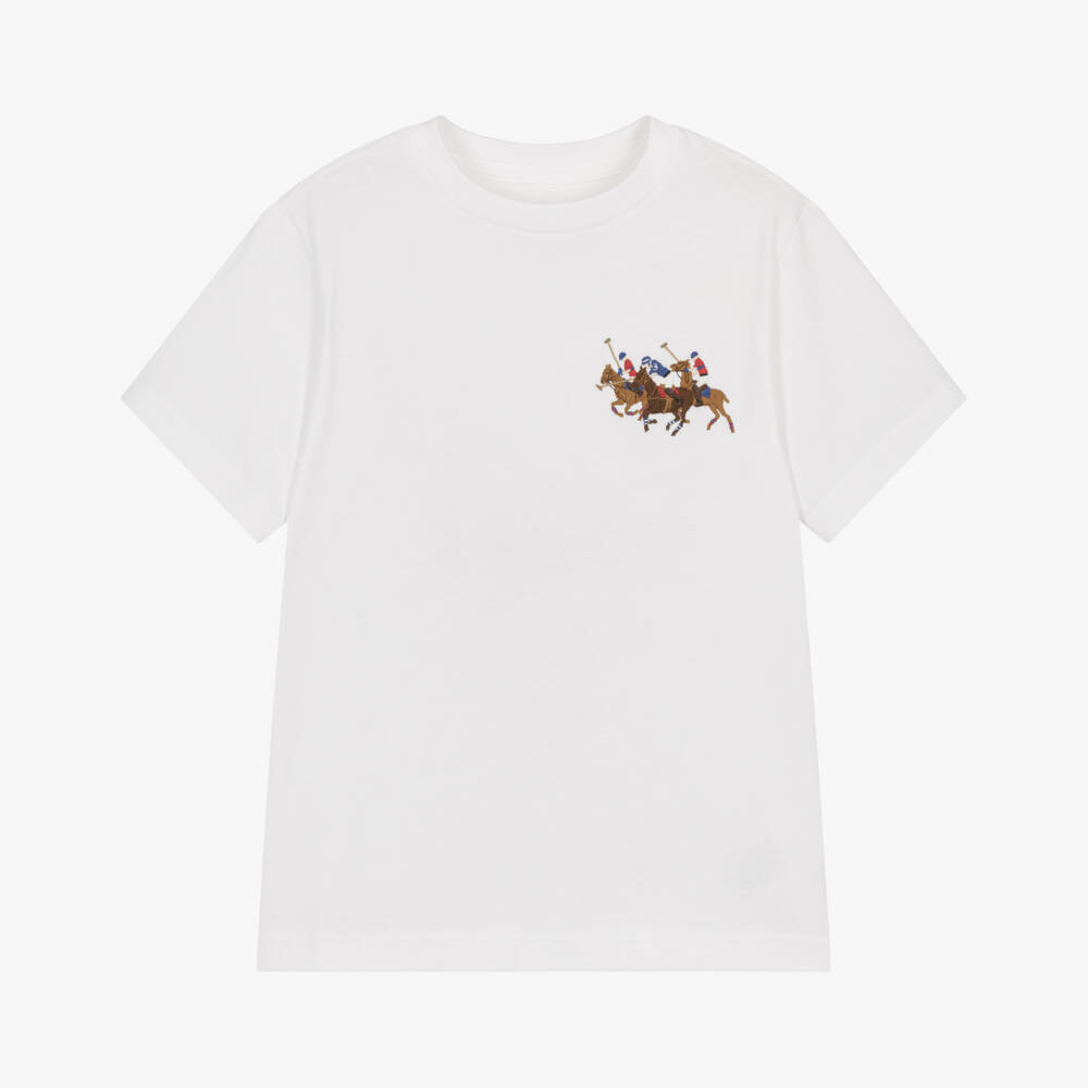 Ralph Lauren-Boys White Cotton T-Shirt with Triple-Pony Logo | Childrensalon