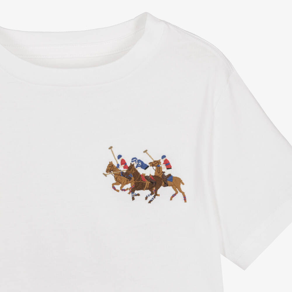 Ralph Lauren-Boys White Cotton T-Shirt with Triple-Pony Logo | Childrensalon