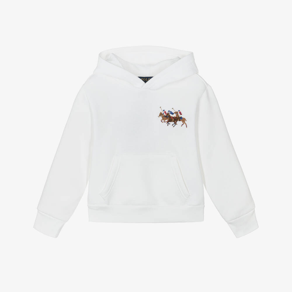 Ralph Lauren-Boys White Cotton Triple Pony Logo Hoodie | Childrensalon