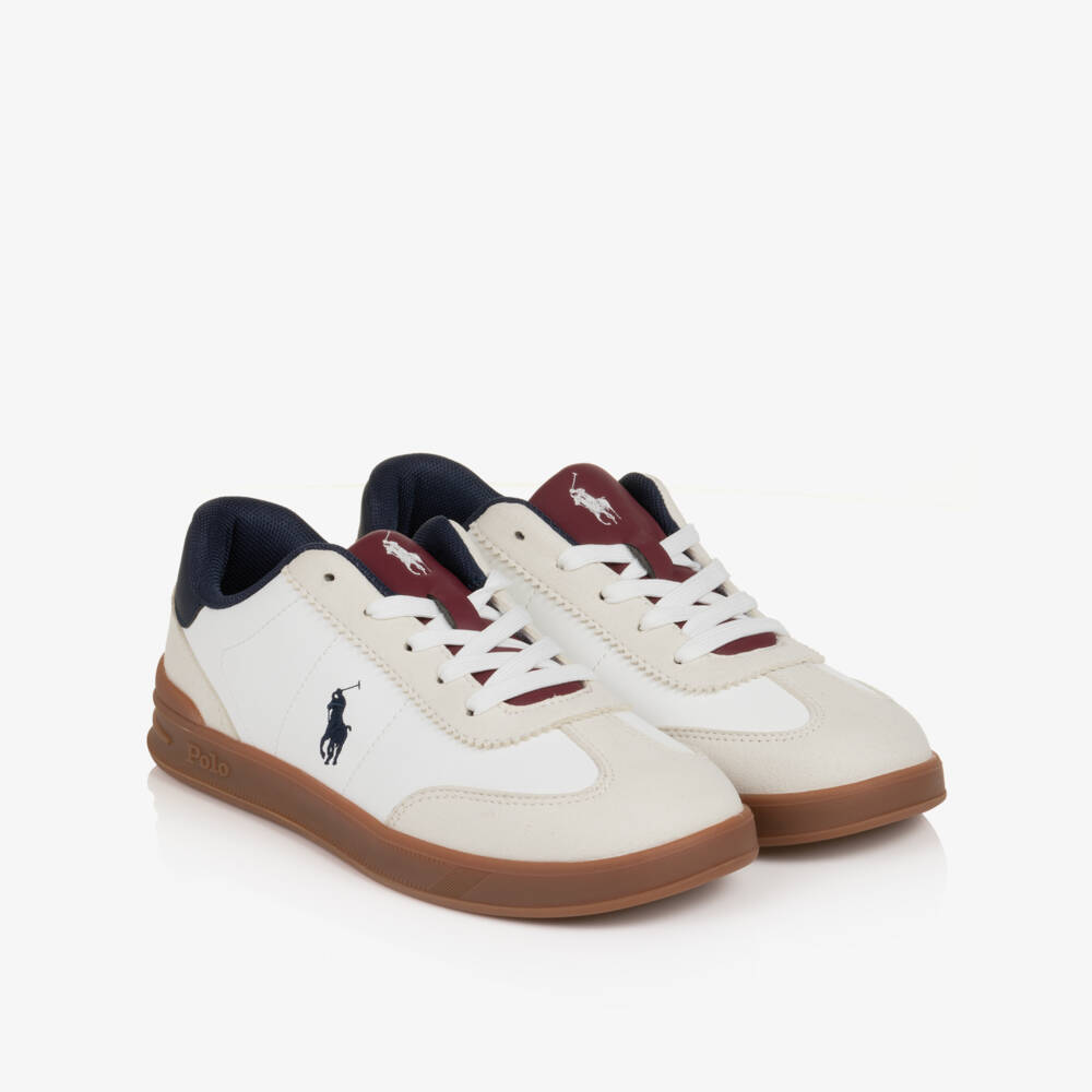 Ralph Lauren-Boys White Faux Leather Lace-Up Hollis Trainers | Childrensalon
