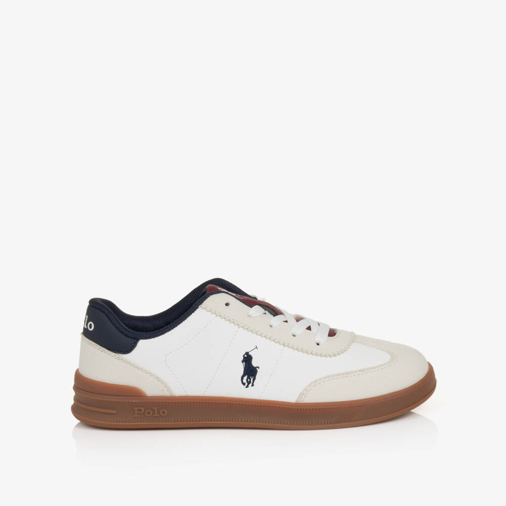Ralph Lauren-Boys White Faux Leather Lace-Up Hollis Trainers | Childrensalon