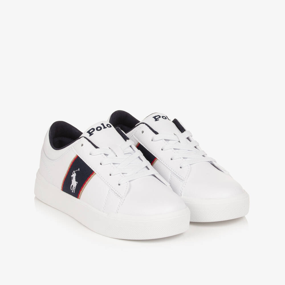Ralph Lauren-Boys White Faux Leather Lace-up Trainers with Navy Panels | Childrensalon