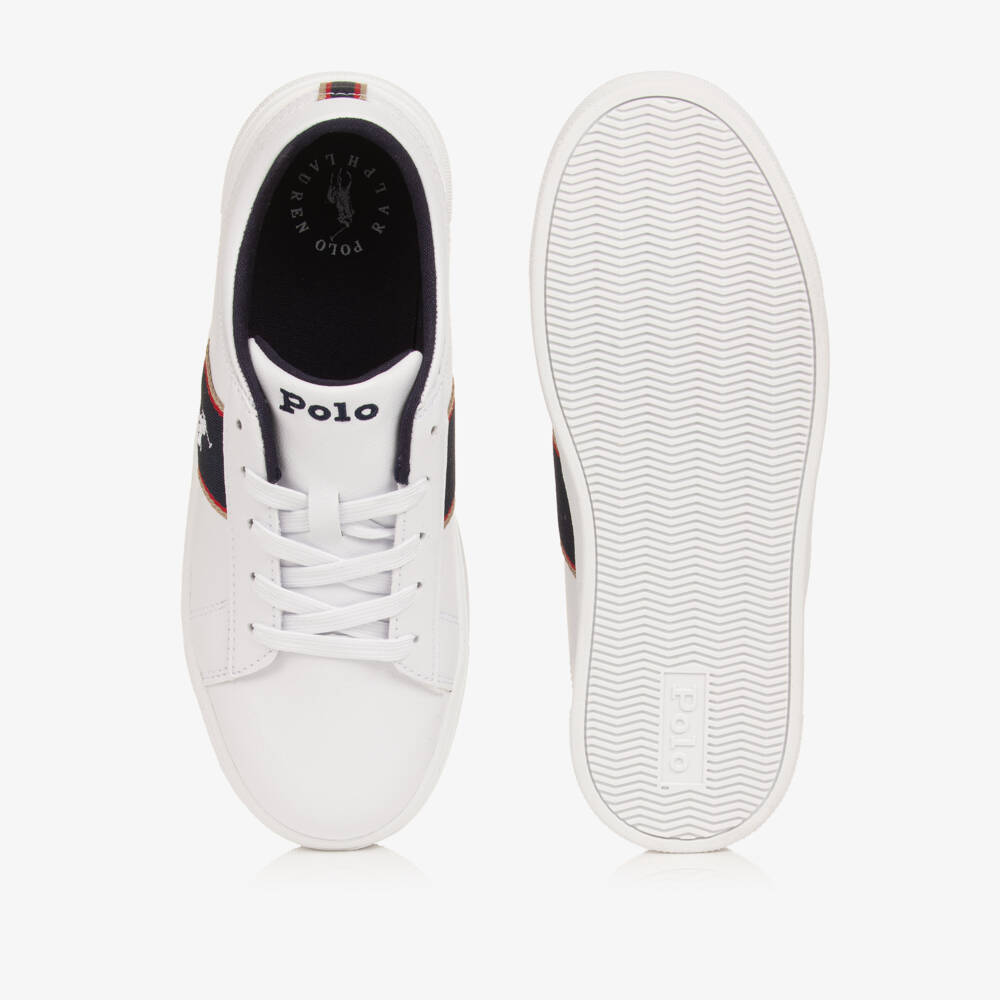 Ralph Lauren-Boys White Faux Leather Lace-up Trainers with Navy Panels | Childrensalon