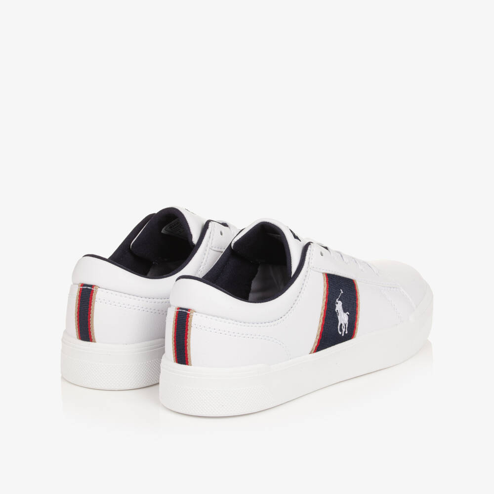 Ralph Lauren-Boys White Faux Leather Lace-up Trainers with Navy Panels | Childrensalon