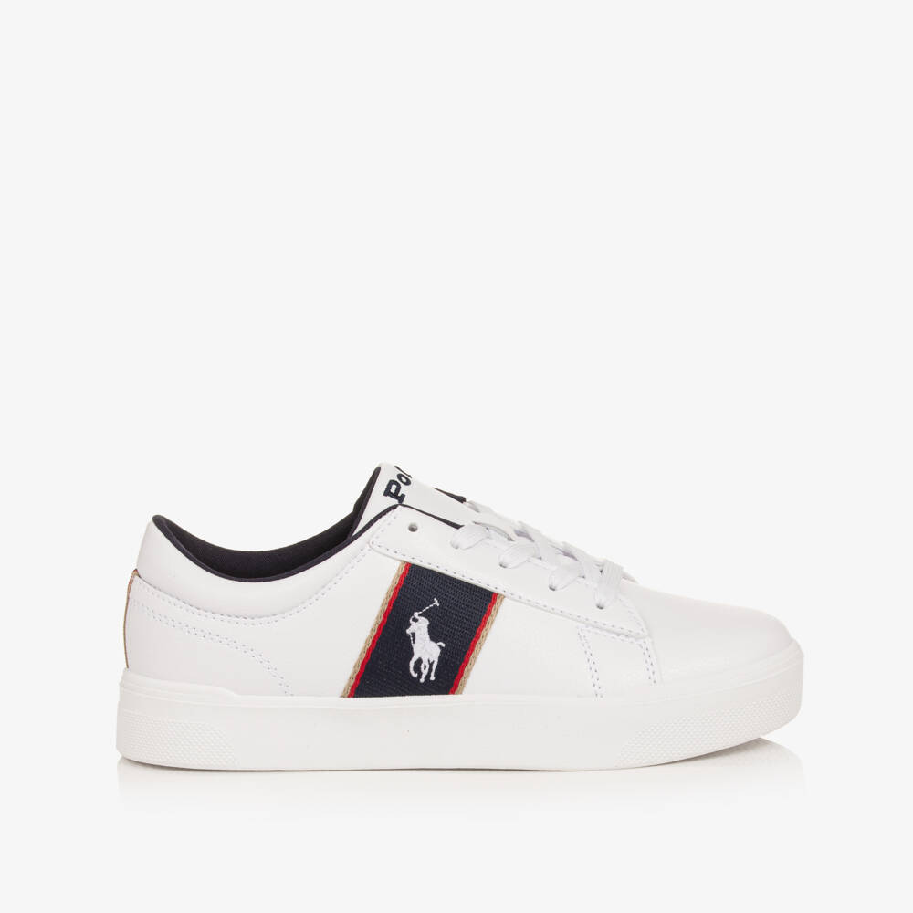 Ralph Lauren-Boys White Faux Leather Lace-up Trainers with Navy Panels | Childrensalon